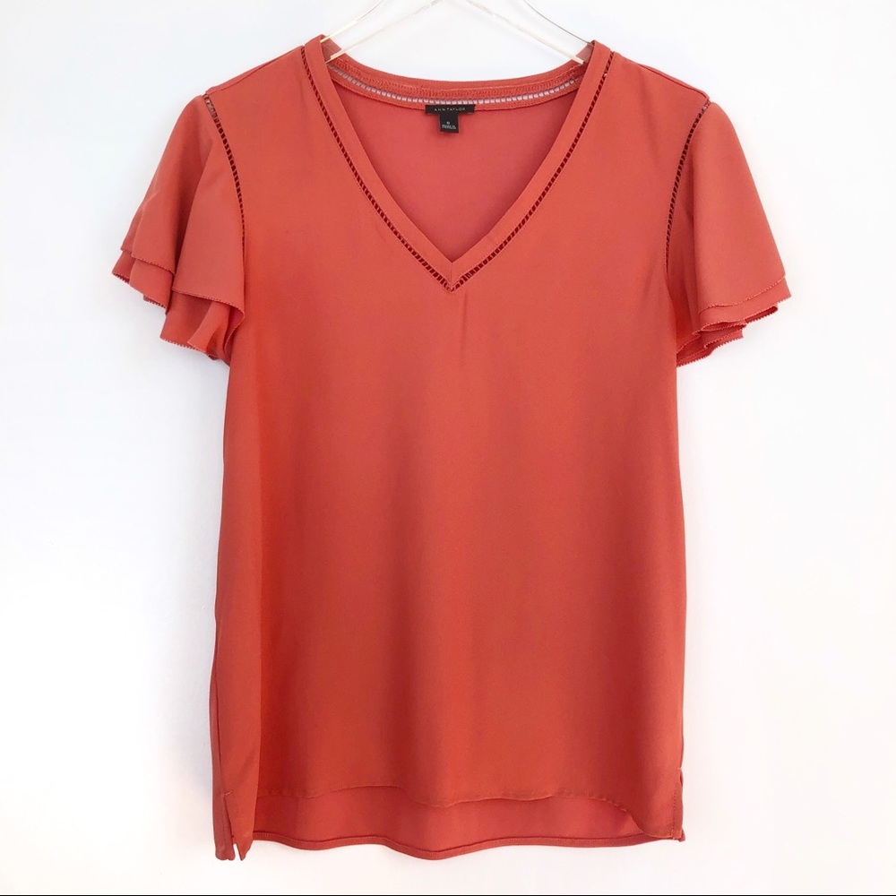 Ann Taylor Red/Orange Eyelet Ruffle Sleeve Blouse